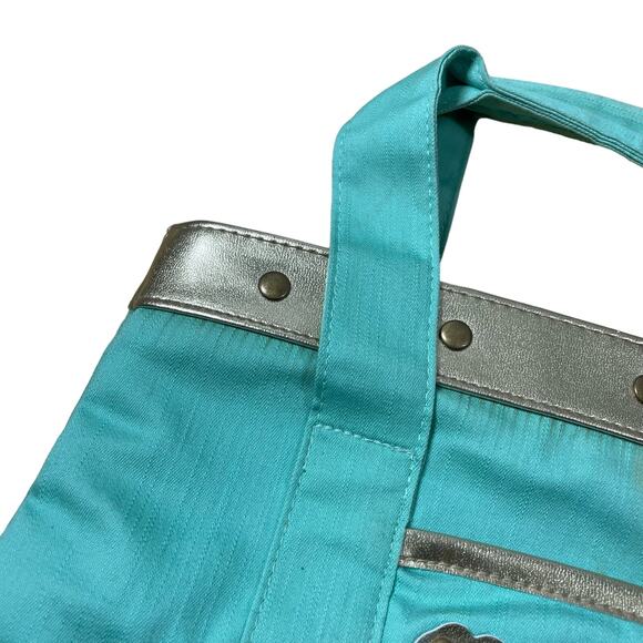 Betsey Johnson Teal Small Tote Bag - Gold Studded Trim - Leopard Print Interior - Picture 3 of 6